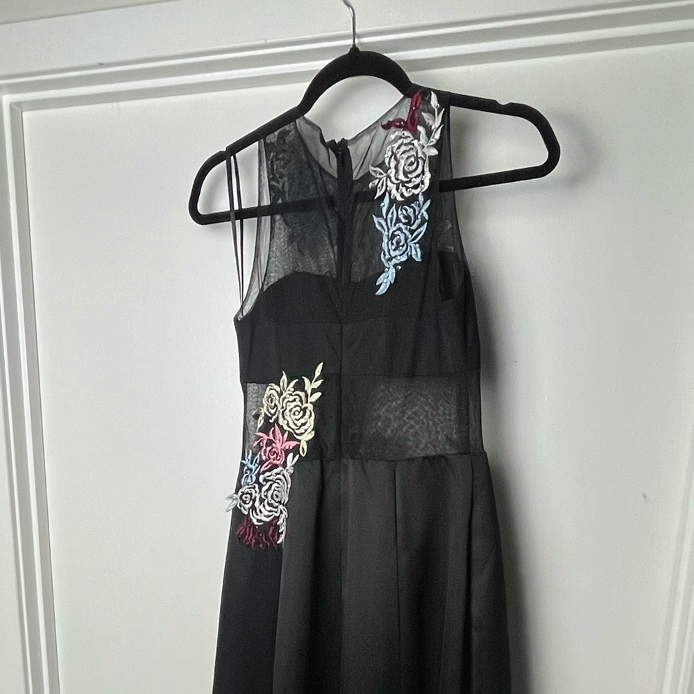 Betsy&Adam gown, size 2, floor length, black w/multi-colored embroidered flowers - Picture 3 of 3